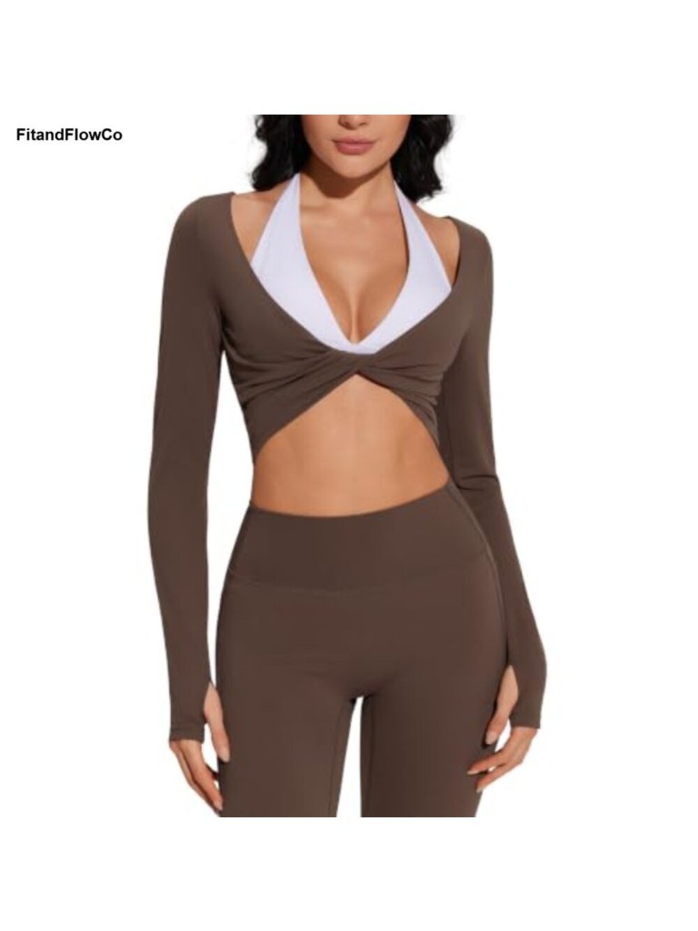 Women's Two Piece Workout Set Long Sleeve Twist Front Top High Waist Leggings